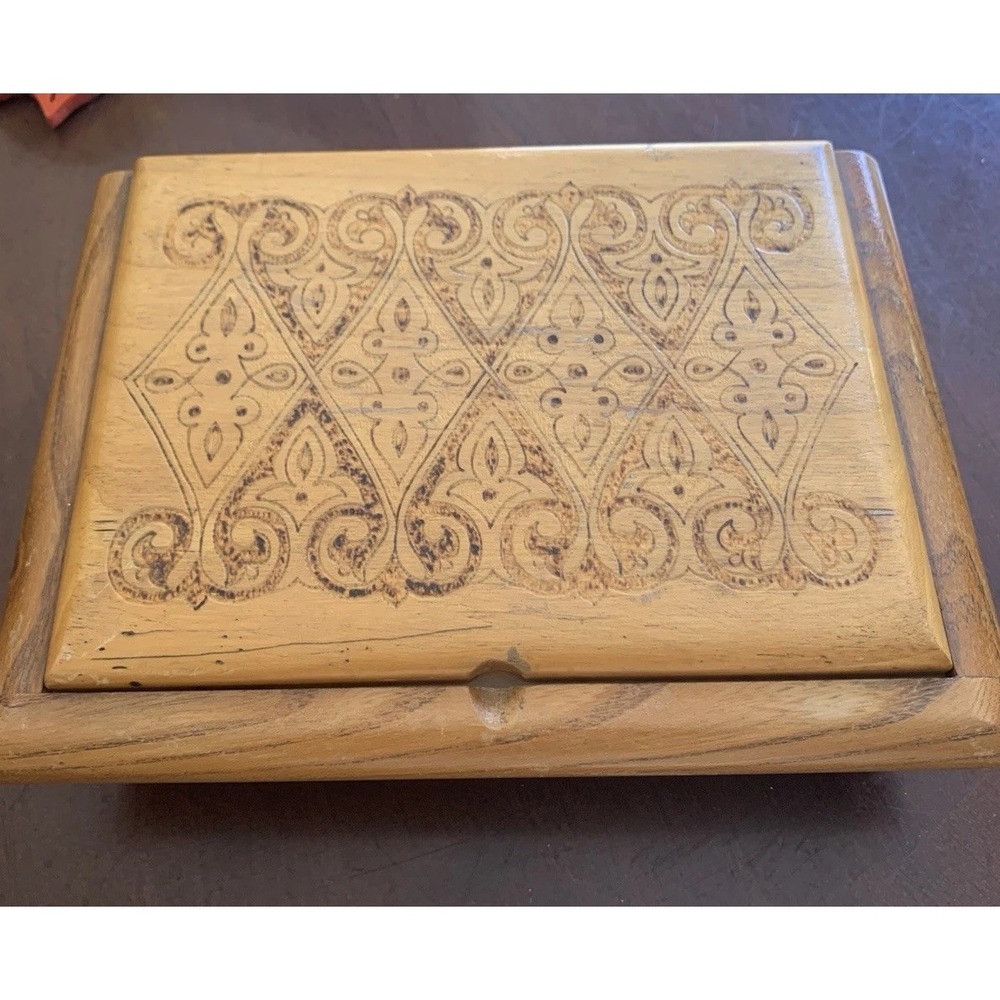Hand‎ Carved Wood Trinket/Jewelry Box Vintage Velour Lining